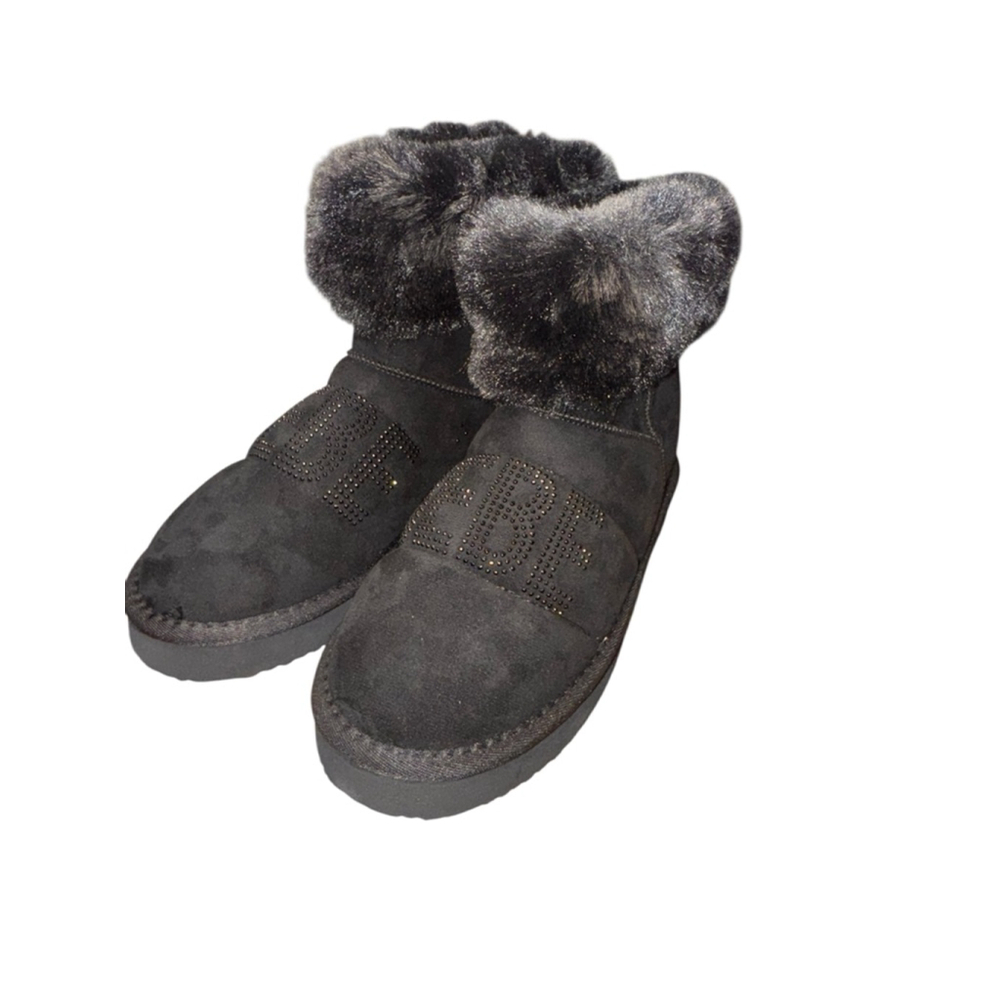 Women's Bebe Black Faux Fur Rhinestone Winter Boots US 7